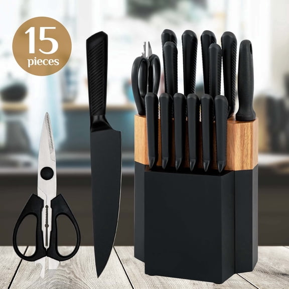 Professional 15-Piece Stainless Steel Knife Set with Block, Ergonomic Handles, Anti-Rust Black Coating, Includes 6 Steak Knives