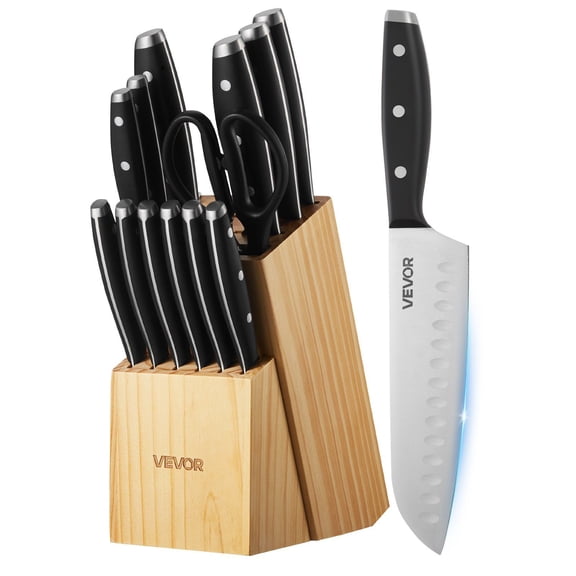 15-Piece Kitchen Knife Set with Wooden Block and Sharpening Rod, High Carbon Stainless Steel Kitchen Cutlery Set, Chef Knife, Bread Knife, Santoku, Utility, Paring and 6 Steak Knives with Ergonomic H