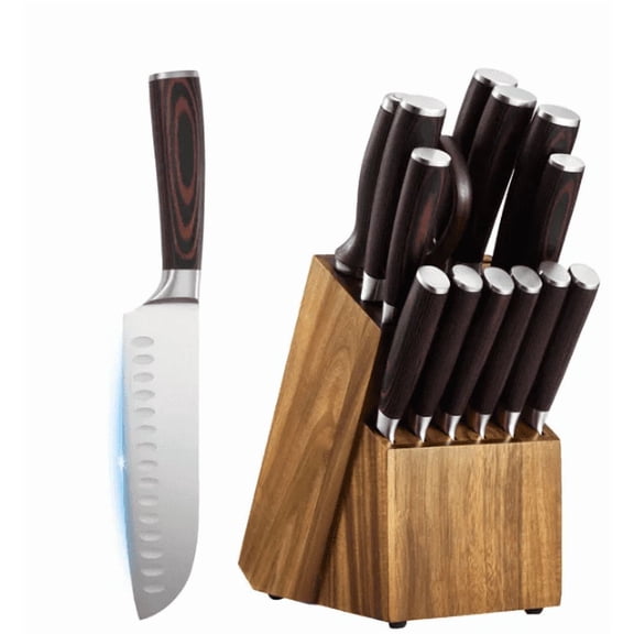 15 Piece Kitchen Knife Set with Block Sharpener High Carbon Stainless Steel Rust Resistant for Home