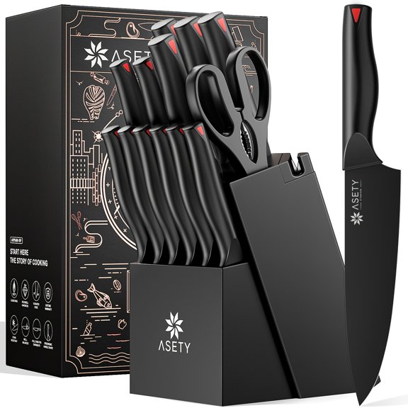 15 Piece Kitchen Knife Set with Built In Sharpener Block, High Carbon Stainless Steel Chef Knives with Stylish Black Gift Box, Dishwasher Safe