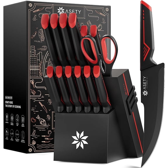 15 Piece Kitchen Knife Set with Built-in Sharpener Block Stainless Steel Dishwasher Safe Vibrant Red