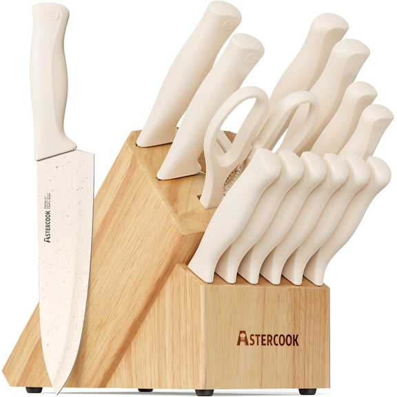 15-Piece Kitchen Knife Set with Sharpener Block, German Stainless Steel, Anti-Rust Coating, Dishwasher Safe, Cream White Design