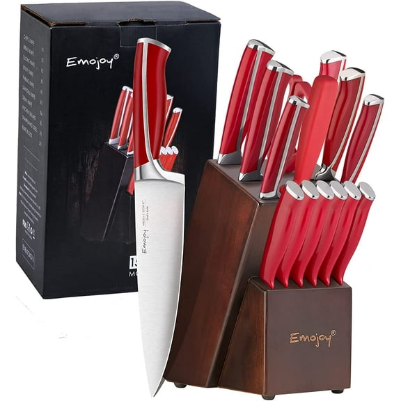 15-Piece Kitchen Knife Set with Wooden Block German Stainless Steel Sharp Chef Knife Set Dishwasher Safe and Rust Proof Red
