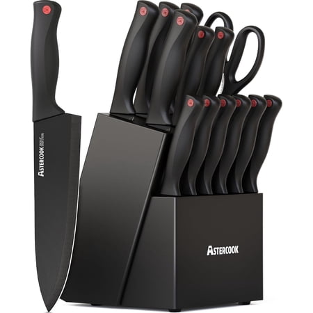 15 Piece Knife Set with Sharpener Block - German Stainless Steel, Dishwasher Safe Kitchen Knives with Built-In Sharpener, Black