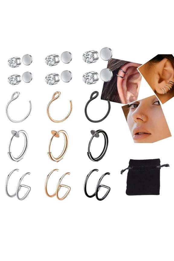 15-Piece Magnetic Fake Nose Ring Set, Hypoallergenic Stainless Steel Non-Pierced Septum & Ear Cuffs with CZ, Includes Velvet Jewelry Pouch for Daily & Party Wear for Women and Men