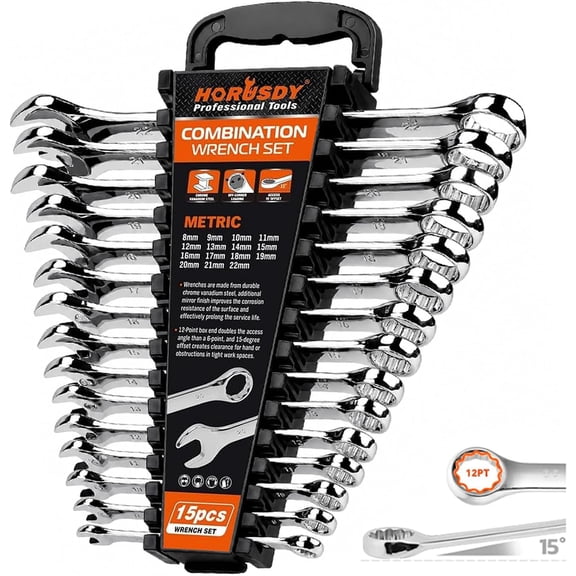 15-Piece Metric Combination Wrench Set, 8mm to 22mm 12 Point CR-V Steel Max Torque Spanner Kit with Storage Organizer Rack for Garage & Auto Repair