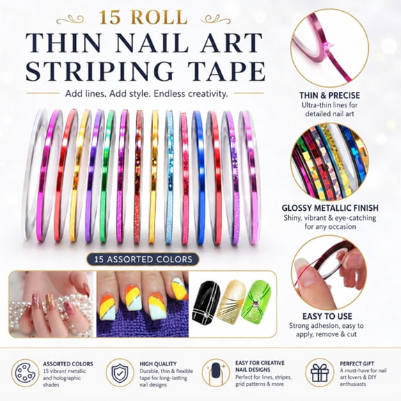 15 Piece Nail Art Striping Tape Line Set, Self Adhesive Nail Decoration Stickers, TIKA