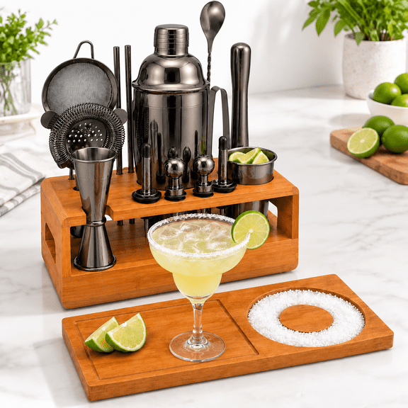 15-Piece Mixology Bartender Kit with Brown Stand and Metal Bar Tools