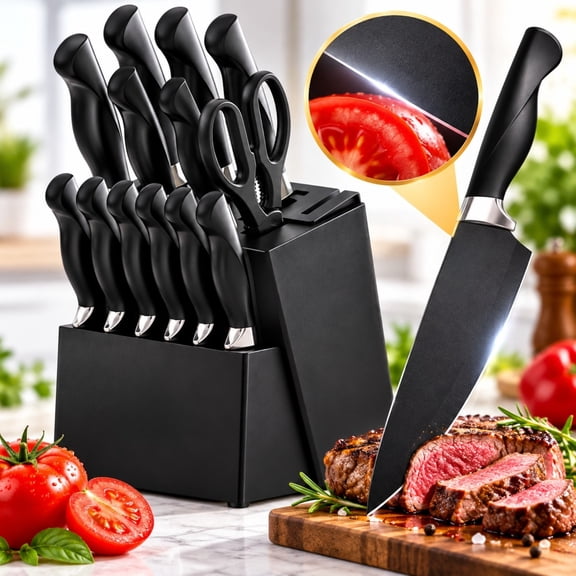 15-Piece Modern Kitchen Knife Set with Black German Steel Blades and Built-in Sharpener Block