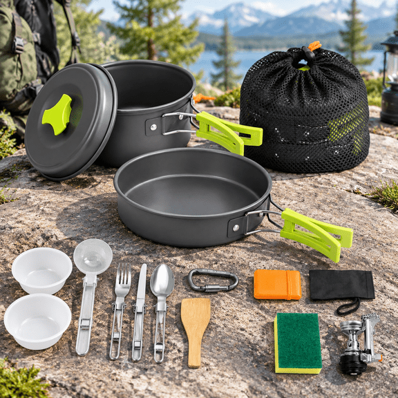 15-Piece Non-Stick Lightweight Camping Cookware Mess Kit for Hiking Picnic Outdoor Cooking