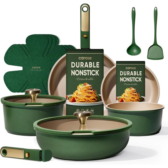 15-Piece Nonstick Cookware Set with Detachable Handles, Dishwasher Safe, Induction Compatible, Green