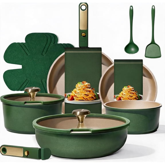 15-Piece Nonstick Cookware Set with Detachable Handles, Dishwasher Safe, Induction Compatible, Green