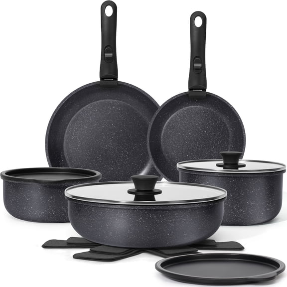 15-Piece Nonstick Cookware Set with Removable Handles, Oven Safe & Induction Compatible - Black Pots and Pans Set Includes Fry Pan, Saucepan