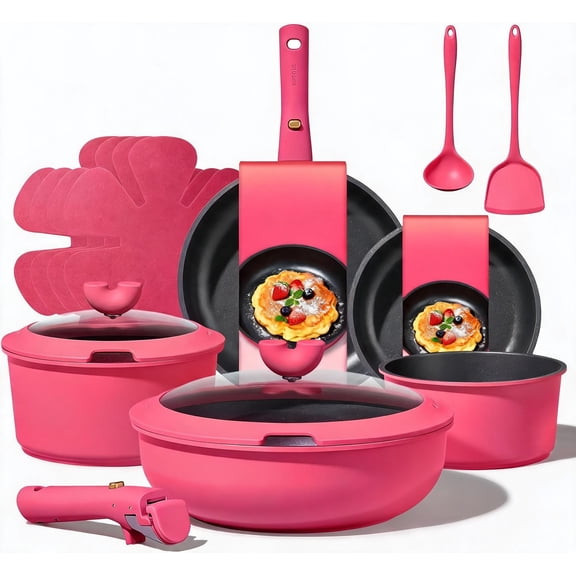 15-Piece Nonstick Pots and Pans Set with Detachable Handles Induction Compatible Dishwasher and Oven Safe Dark Pink