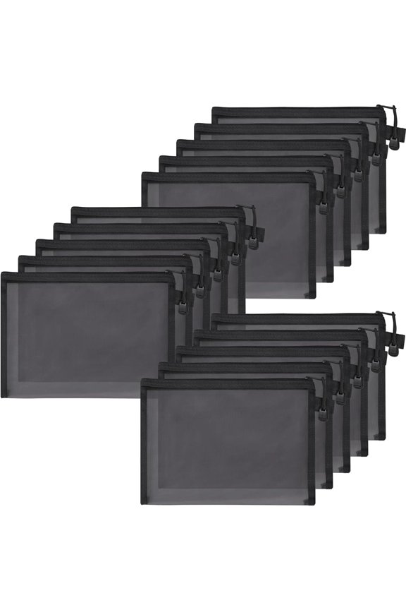 15-Piece Nylon Mesh Zipper Pouch Set - Black Makeup Bags, Cosmetic Pouches, Travel Bags (9.5 x 7.5 Inch)