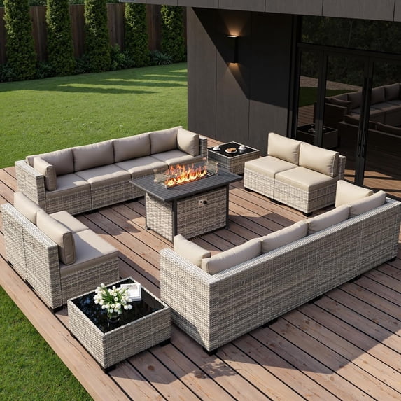 15-Piece Outdoor Patio Furniture Set with 55,000 BTU Fire Pit Table, PE Wicker Rattan Sectional Sofa Conversation Set - All-Weather Garden, Backyard Furniture,Beige