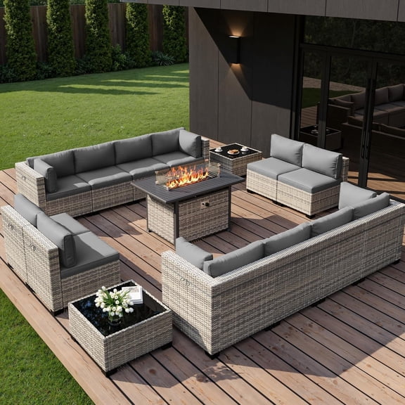 15-Piece Outdoor Patio Furniture Set with 55,000 BTU Fire Pit Table, PE Wicker Rattan Sectional Sofa Conversation Set - All-Weather Garden, Backyard Furniture,Grey