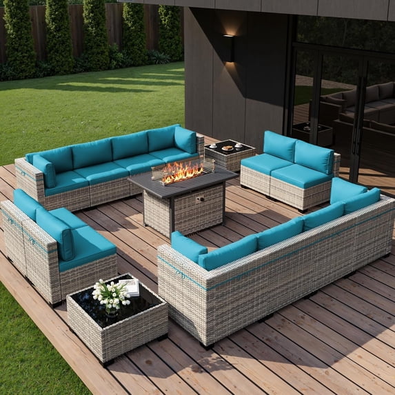 15-Piece Outdoor Patio Furniture Set with 55,000 BTU Fire Pit Table, PE Wicker Rattan Sectional Sofa Conversation Set - All-Weather Garden, Backyard Furniture,Turquoise