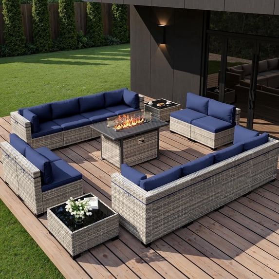 15-Piece Outdoor Patio Furniture Set with 55,000 BTU Fire Pit Table, PE Wicker Rattan Sectional Sofa Conversation Set - All-Weather Garden, Backyard Furniture,Navy Blue