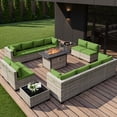 thumbnail image 1 of 15-Piece Outdoor Patio Furniture Set with 55,000 BTU Fire Pit Table, PE Wicker Rattan Sectional Sofa Conversation Set - All-Weather Garden, Backyard Furniture,Grass Green, 1 of 8