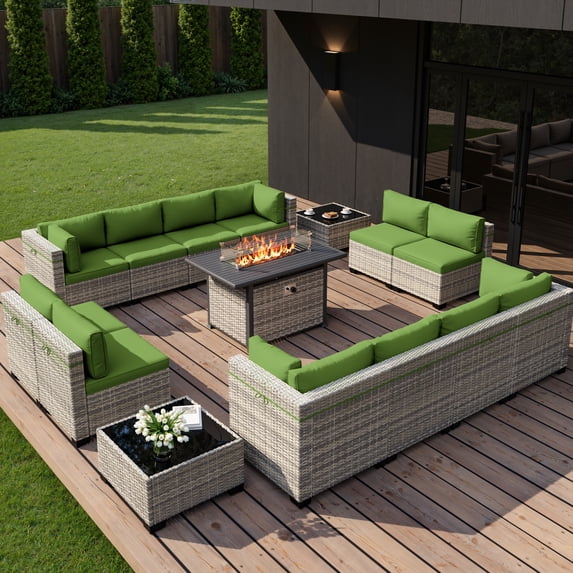 15-Piece Outdoor Patio Furniture Set with 55,000 BTU Fire Pit Table, PE Wicker Rattan Sectional Sofa Conversation Set - All-Weather Garden, Backyard Furniture,Grass Green
