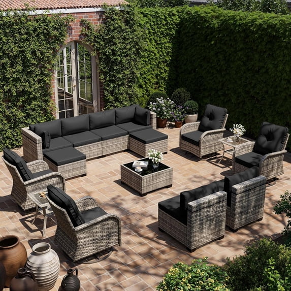 15-Piece Outdoor Patio Furniture Set with Rocking Swivel Chair, Wicker Rattan Sectional Sofa Conversation Set with Tempered Glass Table with Ottomans, Backyard Furniture,Dark Grey