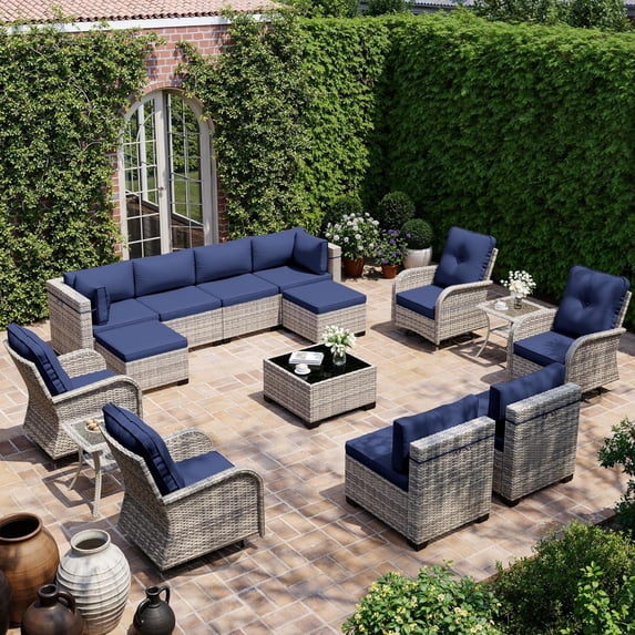 15-Piece Outdoor Patio Furniture Set with Rocking Swivel Chair, Wicker Rattan Sectional Sofa Conversation Set with Tempered Glass Table with Ottomans, Backyard Furniture,Navy Blue