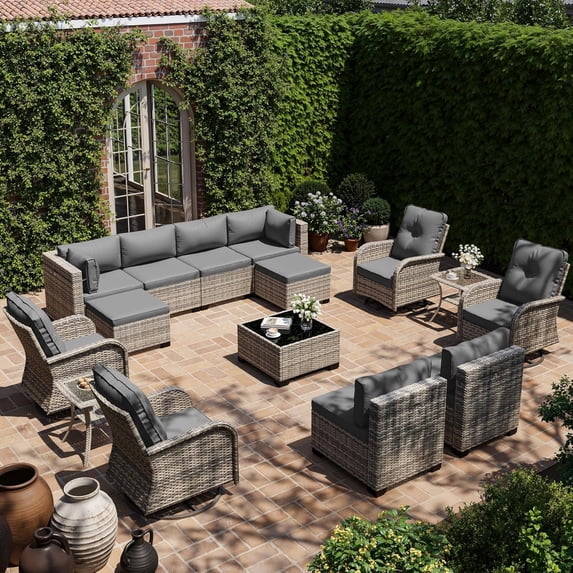 15-Piece Outdoor Patio Furniture Set with Rocking Swivel Chair, Wicker Rattan Sectional Sofa Conversation Set with Tempered Glass Table with Ottomans, Backyard Furniture,Grey