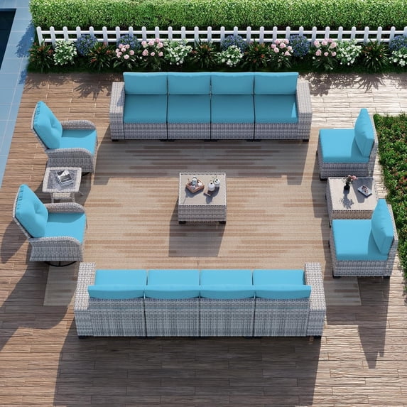 Sweecci 15 Pcs Wicker Patio Furniture Set, Double Rattan Outdoor Sectional Sofa, 360° Swivel Rocking Chairs, Conversation Set with Double Layer Side Table for Backyard Garden Poolside,Turquoise