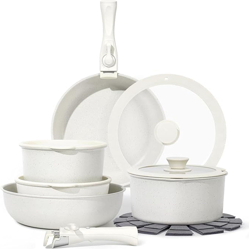 15 Piece Pot and Pan Set, Nonstick Kitchen Cookware, Removable Handles, RV Nonstick Cookware Set, Oven Safe, Induction - White