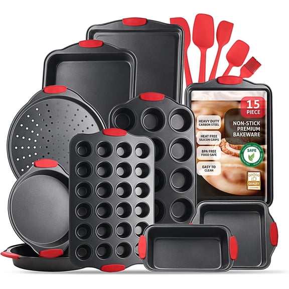 15 Piece Premium Baking Pan Set Nonstick BPA Free with Cookie Sheets Muffin Pan Cake Pan & Black Kitchen Utensils Steel Bakeware for Oven