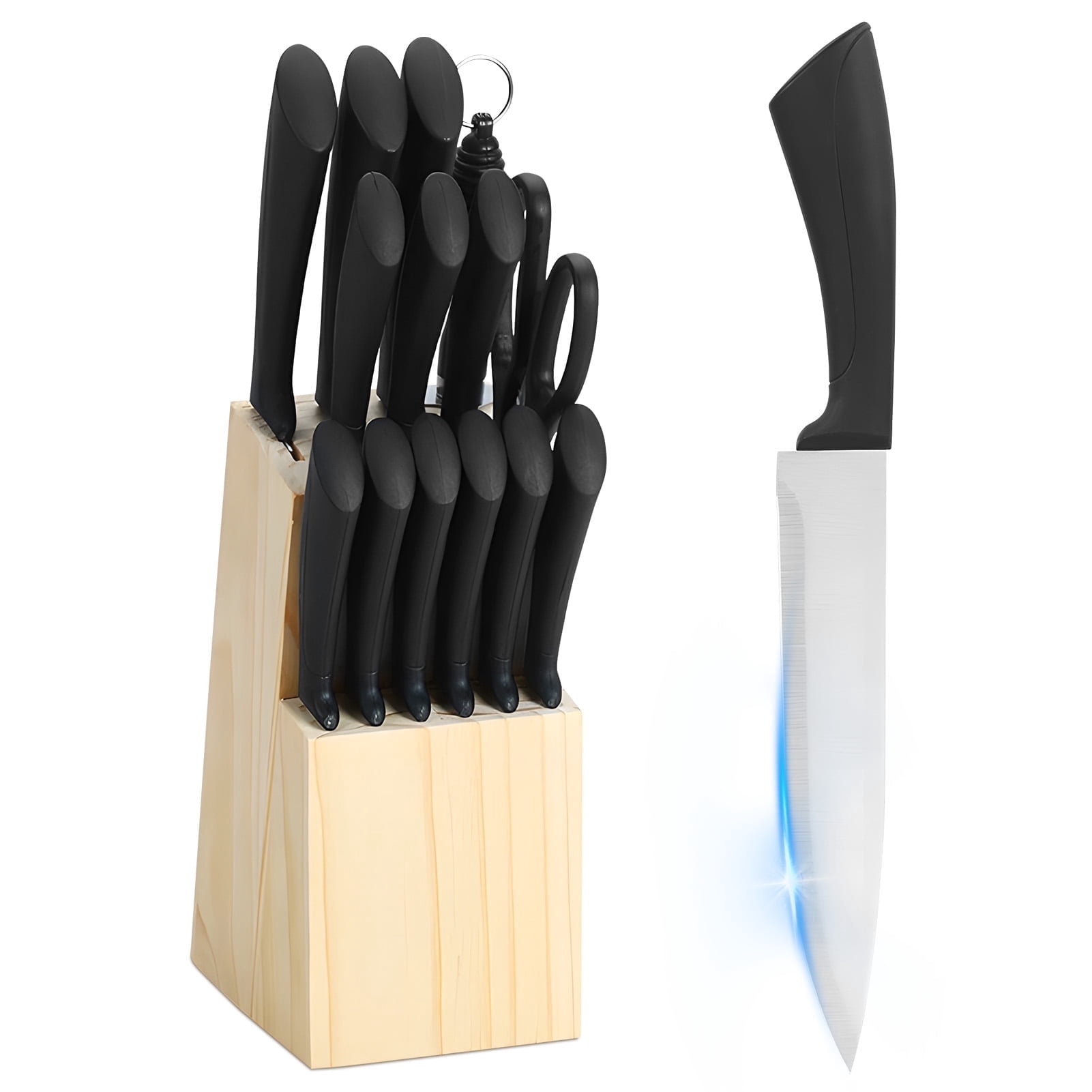 Tebru 15 Pcs Knife Set with Wooden Block Stainless Steel Knives with Ergonomic Handle with Stylish Wooden Block