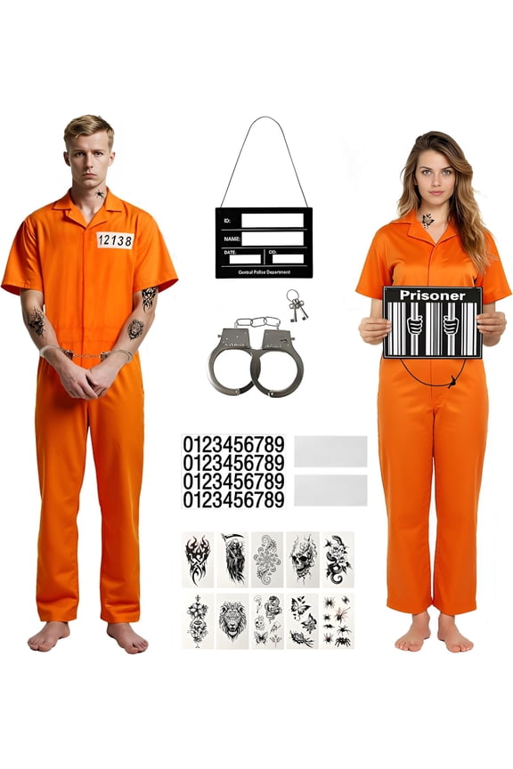 15 Piece Prisoner Costume Orange Jumpsuit Inmate Costume Set Prison Jail Jumpsuit Halloween Criminal Accessories