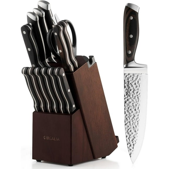 15-Piece Professional Stainless Steel Sharp Knives Set for Kitchen with Block Built-in Sharpener Ergonomic Wooden Handle Full Tang Forged Triple Rivet Boxed Knife Set