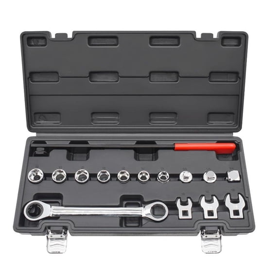 15-Piece Ratcheting Serpentine Belt Tool Kit With Crowfoot Wrenches, Sockets, 14-Inch Bar For Auto Removal And Installation