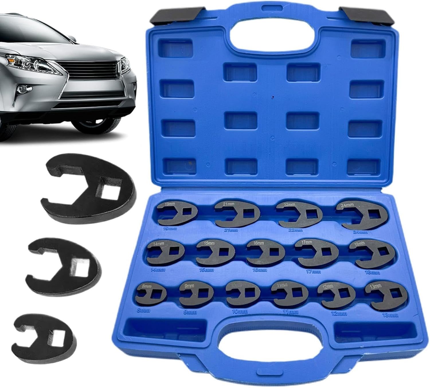 15 Piece Repair Tools With Carry Case, Metal Metric Crowfoot Wrench Set 8-24mm Flare Nut Wrenches for Car Repair Vehicle Maintenance Industrial Workshops