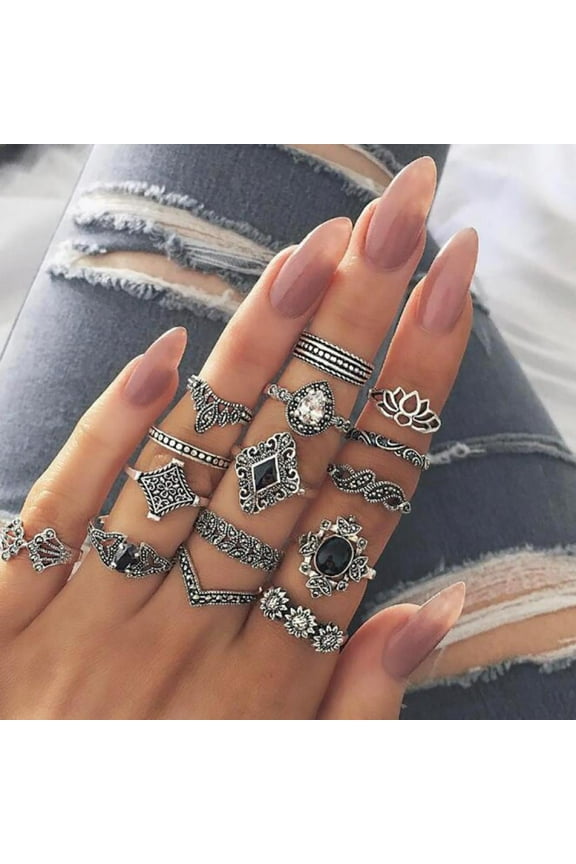15 Piece Retro Boho Rhinestones Rings Set Vintage Silver Statement Jewellery Individual Black Crystals Ring Bohemian Rings Set for Women