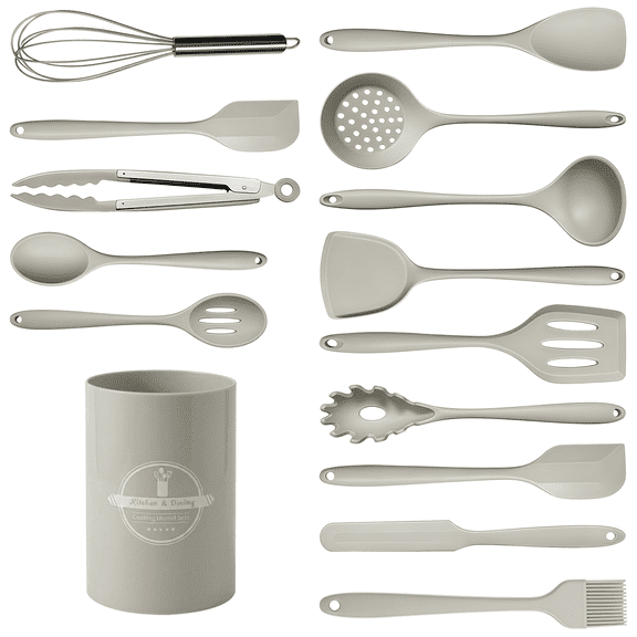 15-Piece Silicone Kitchen Utensils Set with Holder, Heat Resistant Non-Stick Cooking Tools and Kitchen Gadgets, Khaki