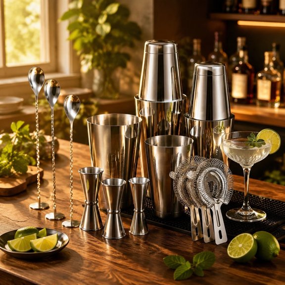15 Piece Silver Stainless Steel Bartender Kit, Professional Complete Cocktail Shaker Tool Set for Mixing Martinis and Assorted Craft Beverages