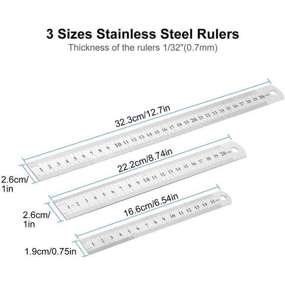15 Piece Silver Stainless Steel Ruler with Centimeters and Inches, 6 Inch & 8 Inch & 12 Inch Machinist Ruler, Straight Edge for Drawing, Geometry, Quilting and Sewing, Easy to Read Steel Rulers