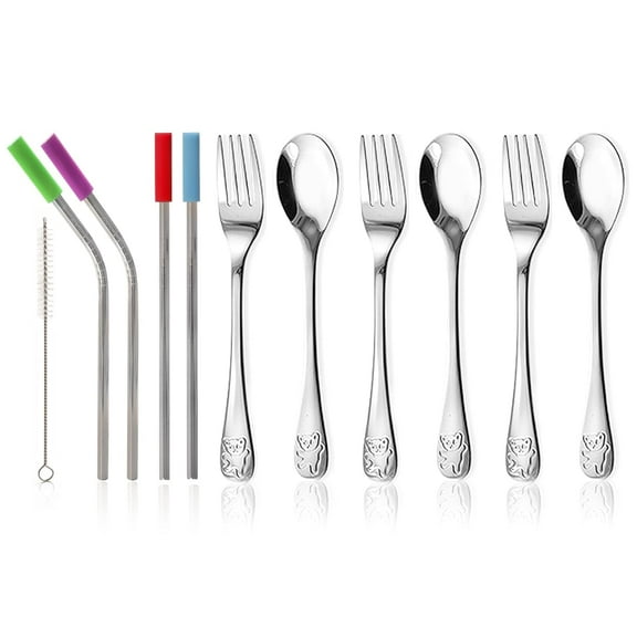 15-Piece Silverware Set - Stainless Steel Toddler Kids Utensils, 3 Forks, 3 Spoons, 4 Straws with Silicone Tips and Brush