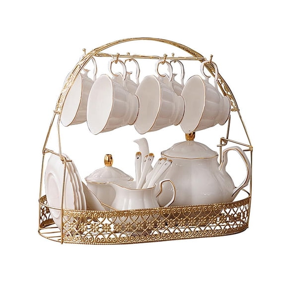 15Piece Simple White Bone China Tea & Coffee Set, Includes Teapot, Cups and Matching Spoons, No Metal Holder, Elegant Afternoon Tea Service