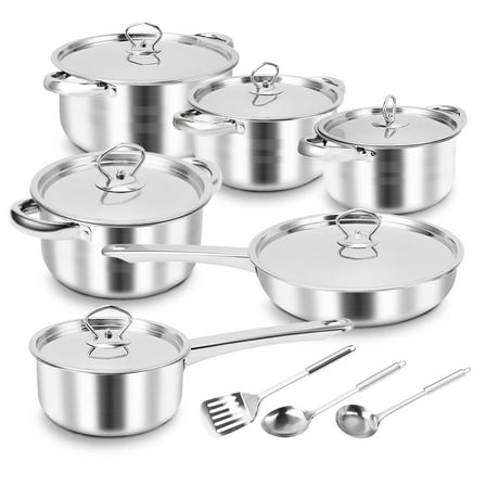 15 Piece Stainless Steel Cookware Set, Pots and Pans Set with Lids Non Toxic, Kitchen Induction Cookware with Utensil Sets For Oven & Dishwasher ,Heavy Premium Kitchen Cooking