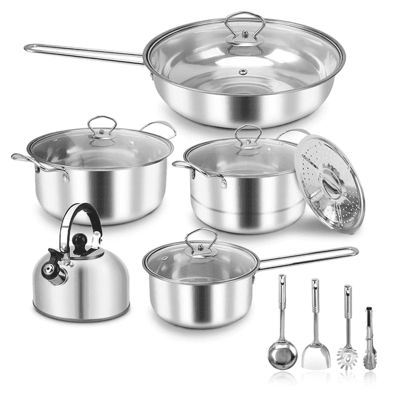 14 Piece Stainless Steel Cookware Set, Pots and Pans Set with Lids Non Toxic, Kitchen Induction Cookware with Utensil Sets for Oven & Dishwasher ,Heavy Premium Kitchen Cooking
