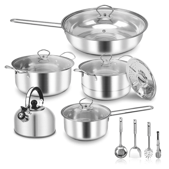 14 Piece Stainless Steel Cookware Set, Pots and Pans Set with Lids Non Toxic, Kitchen Induction Cookware with Utensil Sets for Oven & Dishwasher ,Heavy Premium Kitchen Cooking