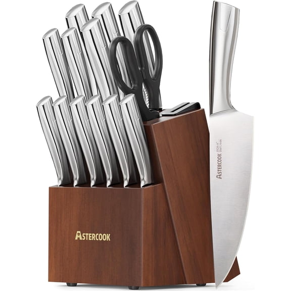 15-Piece Stainless Steel Kitchen Knife Set with Walnut Block and Sharpener Full Tang Ergonomic Handles