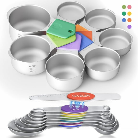 15-Piece Stainless Steel Measuring Cups and Spoons Set, Strong Magnetic Nesting Design 7 Cups 7 Spoons with Leveler, Double Measurement Markings for Dry & Liquid Ingredients