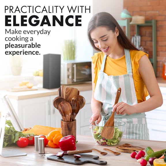 15-Piece Teak Wooden Utensils Set with Premium Gift Box - Non-Stick Safe Cooking Spoons