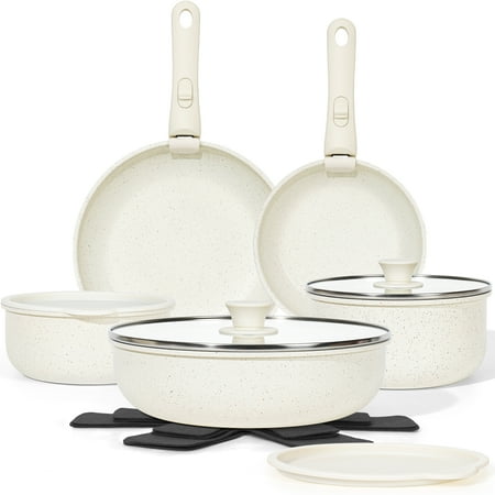 15-Piece White Nonstick Cookware Set | Induction Compatible & Oven Safe | Pots & Pans with Removable Handles