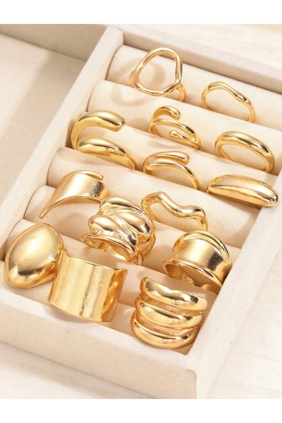 15-Piece Yellow Goldtone Asymmetrical Liquid Line Chunky Stackable Ring Set Unisex